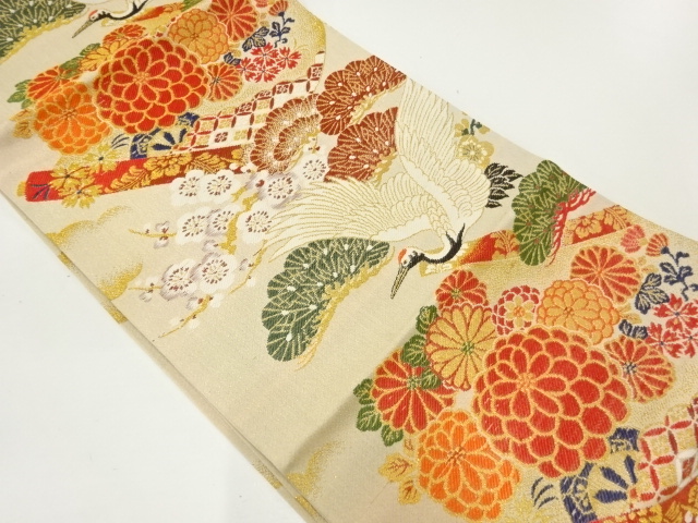 JAPANESE KIMONO / ANTIQUE MARU OBI / WOVEN PINE & UME WITH CRANE